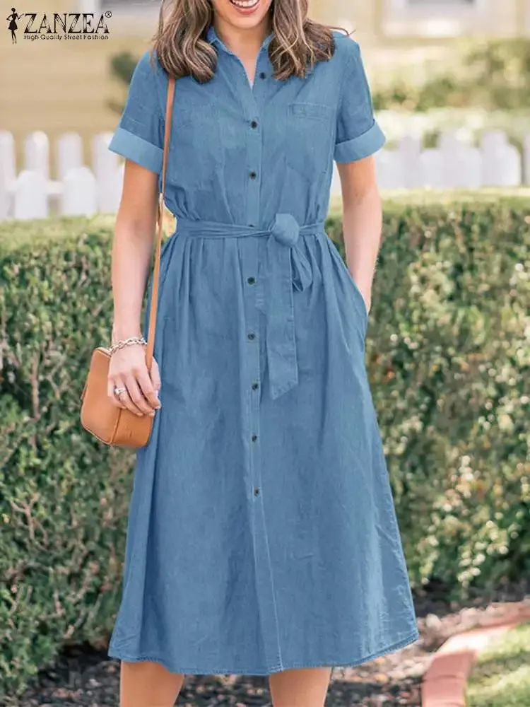 2024 Summer Denim Blue Lapel Neck Short Sleeve Work Casual ShirtMidi Dress