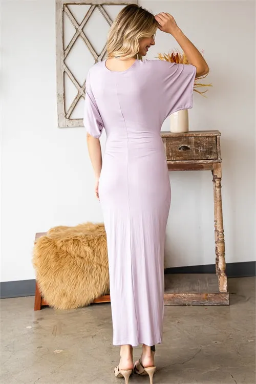 AD4955-ORCHID LIGHT DEEP V-NECKLINE WITH FRONT KNOT TWIST & SLIT RUFFLE SLEEVE LONG DRESS-2-2-2