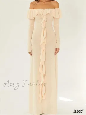 Amy Fashion - Elegant Women Knitted Evening  Solid  Sleeve Slash Neck Off Shoulder Ruffles Party Female Vestido