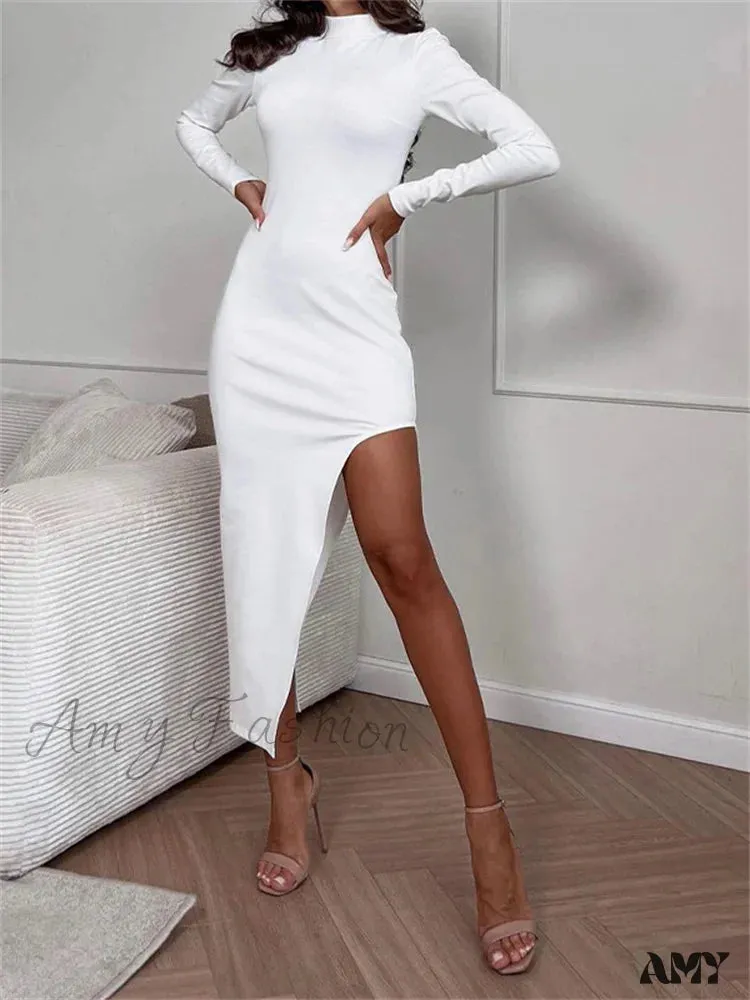 Amy Fashion - Elegant Women Spring Autumn  Turtleneck Solid Color  Sleeve High Split Bodycon Party Vestido