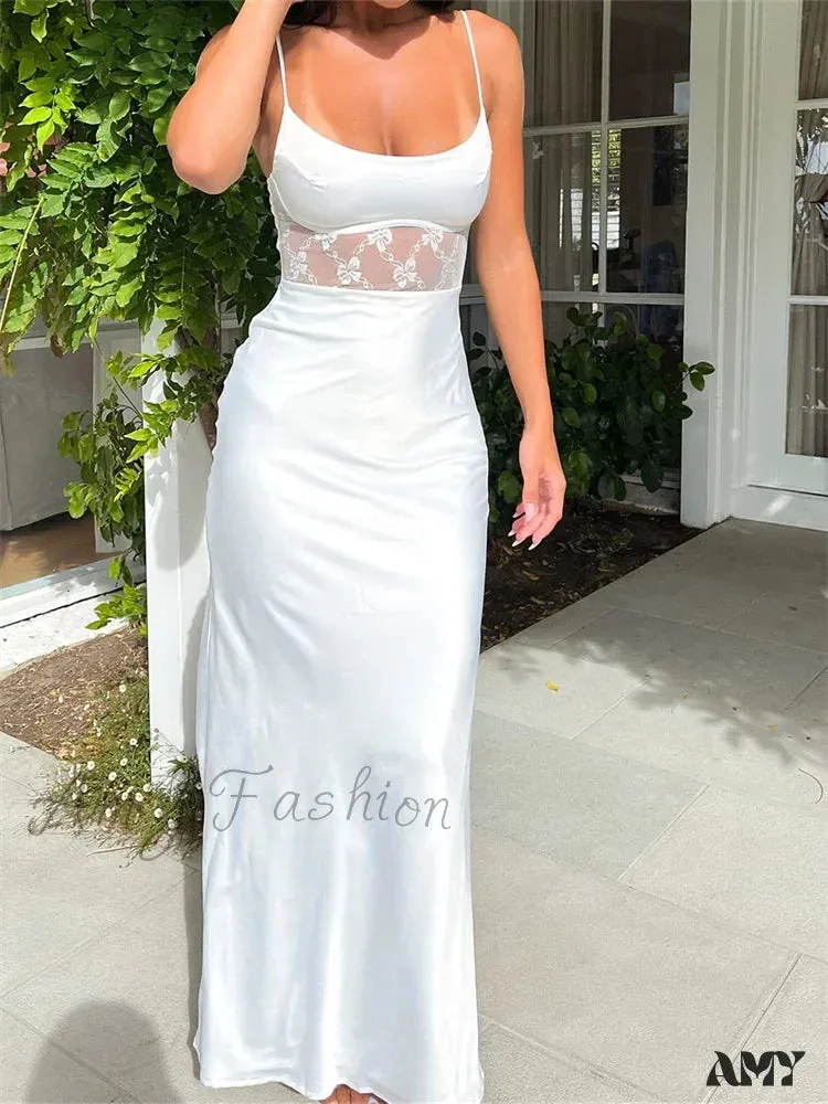 Amy Fashion - Lace Mesh See Through Patchwork  for Women Sleeveless Strap O-neck Summer White Slim Party  Vestidos