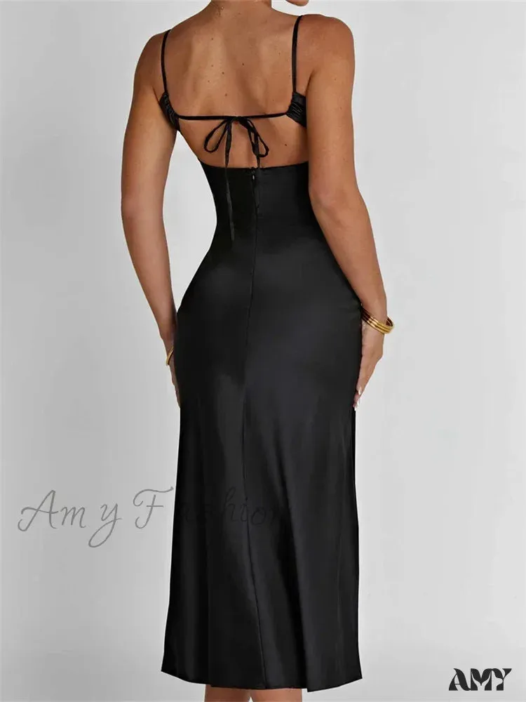Amy Fashion - Sexy Women Ruched Lace Low Cut  Sleeveless Spaghetti Strap High Split Evening  Front Tie-up Vestidos