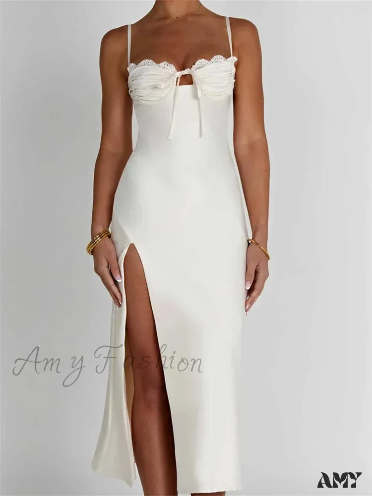 Amy Fashion - Sexy Women Ruched Lace Low Cut  Sleeveless Spaghetti Strap High Split Evening  Front Tie-up Vestidos