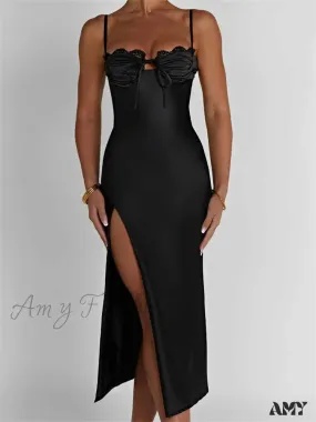 Amy Fashion - Sexy Women Ruched Lace Low Cut  Sleeveless Spaghetti Strap High Split Evening  Front Tie-up Vestidos