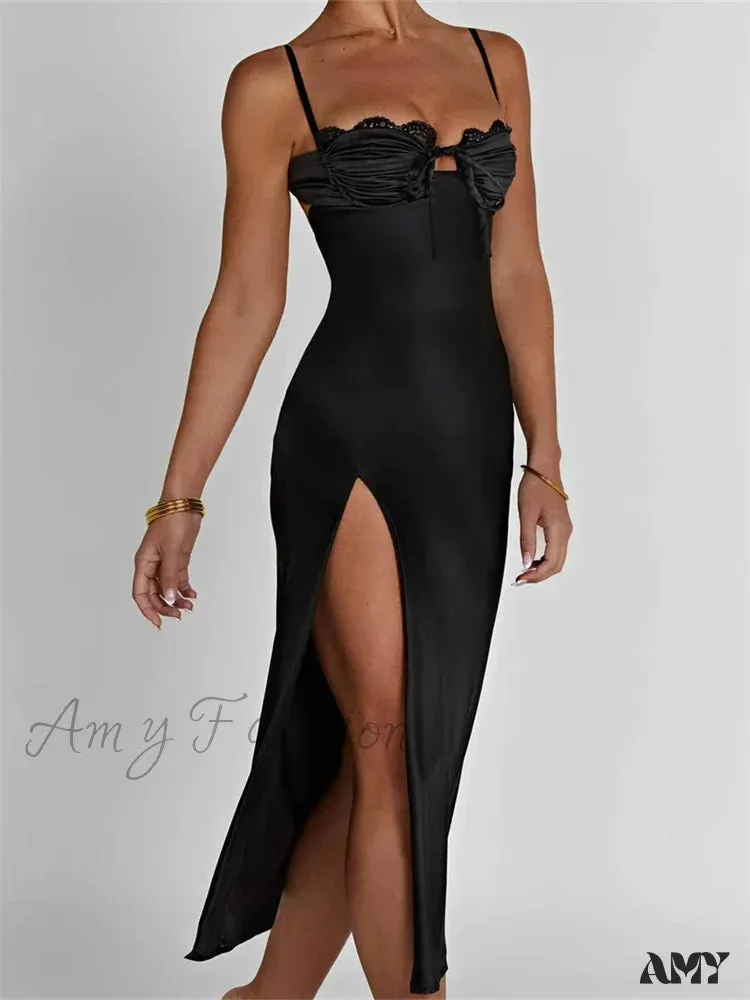 Amy Fashion - Sexy Women Ruched Lace Low Cut  Sleeveless Spaghetti Strap High Split Evening  Front Tie-up Vestidos