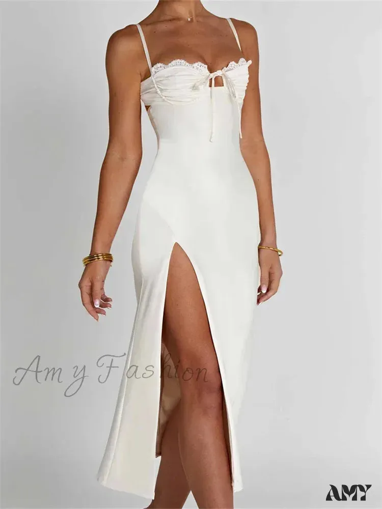 Amy Fashion - Sexy Women Ruched Lace Low Cut  Sleeveless Spaghetti Strap High Split Evening  Front Tie-up Vestidos