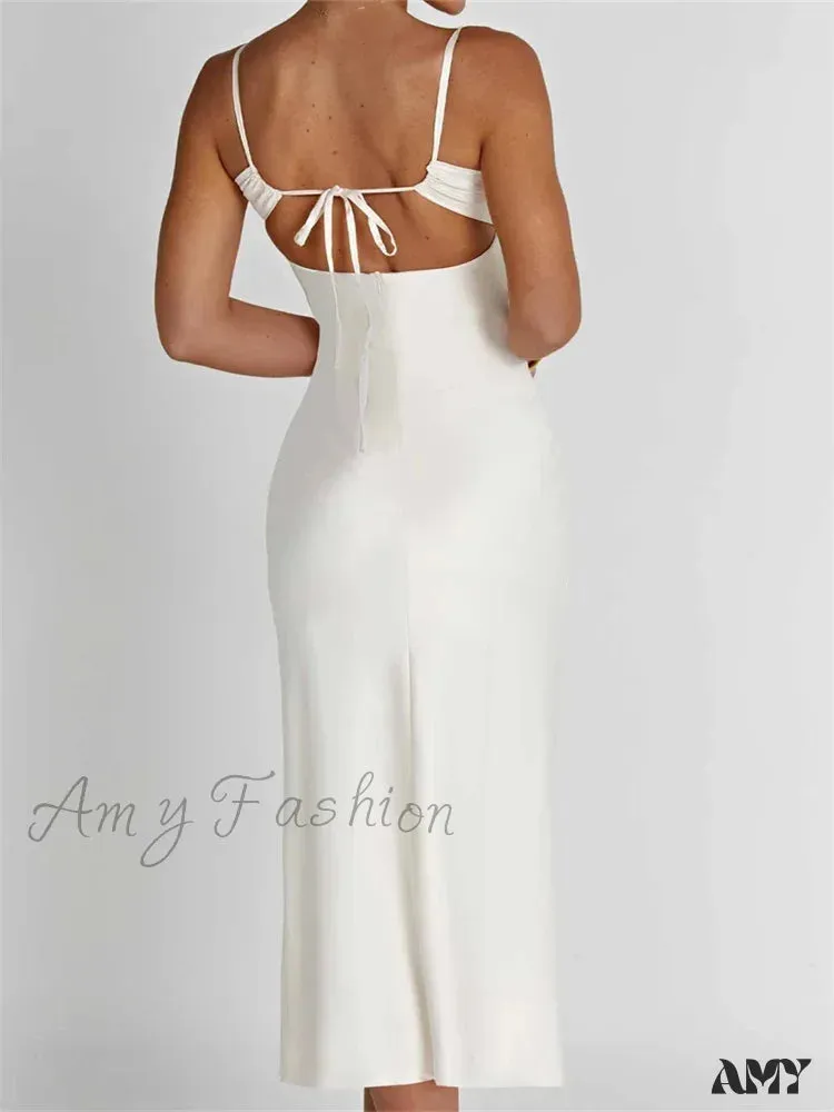 Amy Fashion - Sexy Women Ruched Lace Low Cut  Sleeveless Spaghetti Strap High Split Evening  Front Tie-up Vestidos