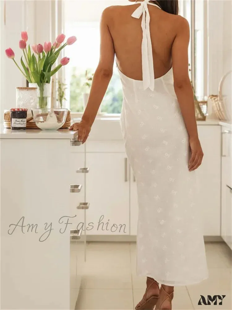 Amy Fashion - Sexy Women Summer  Sleeveless V Neck Halter Off Shoulder Lace Embroidery Backless Female Vestido