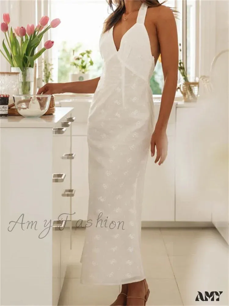 Amy Fashion - Sexy Women Summer  Sleeveless V Neck Halter Off Shoulder Lace Embroidery Backless Female Vestido