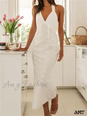 Amy Fashion - Sexy Women Summer  Sleeveless V Neck Halter Off Shoulder Lace Embroidery Backless Female Vestido