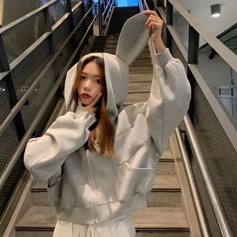 Bunny Hop Zippered  Solid Color Hoodie