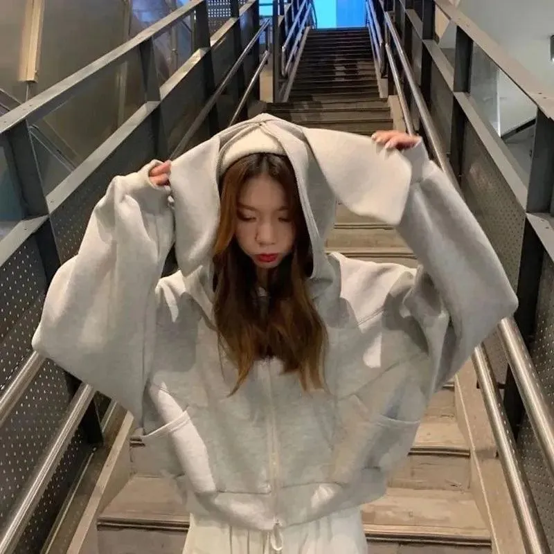 Bunny Hop Zippered  Solid Color Hoodie