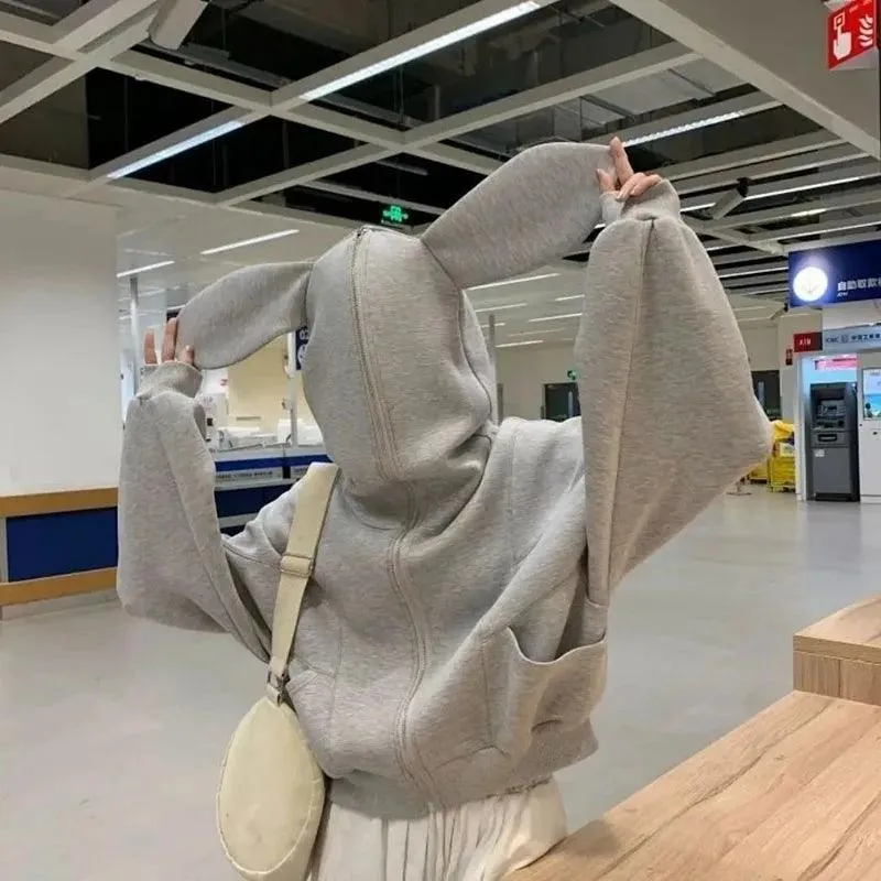 Bunny Hop Zippered  Solid Color Hoodie