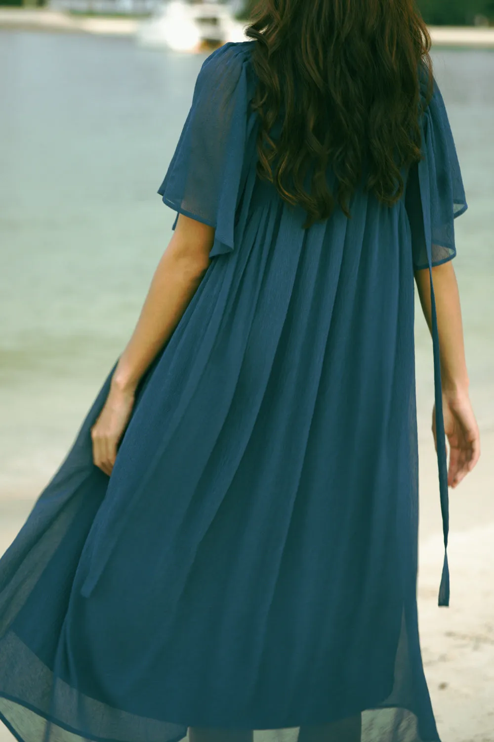 Drawstring Shoulders Breastplate Midi Dress (Teal)