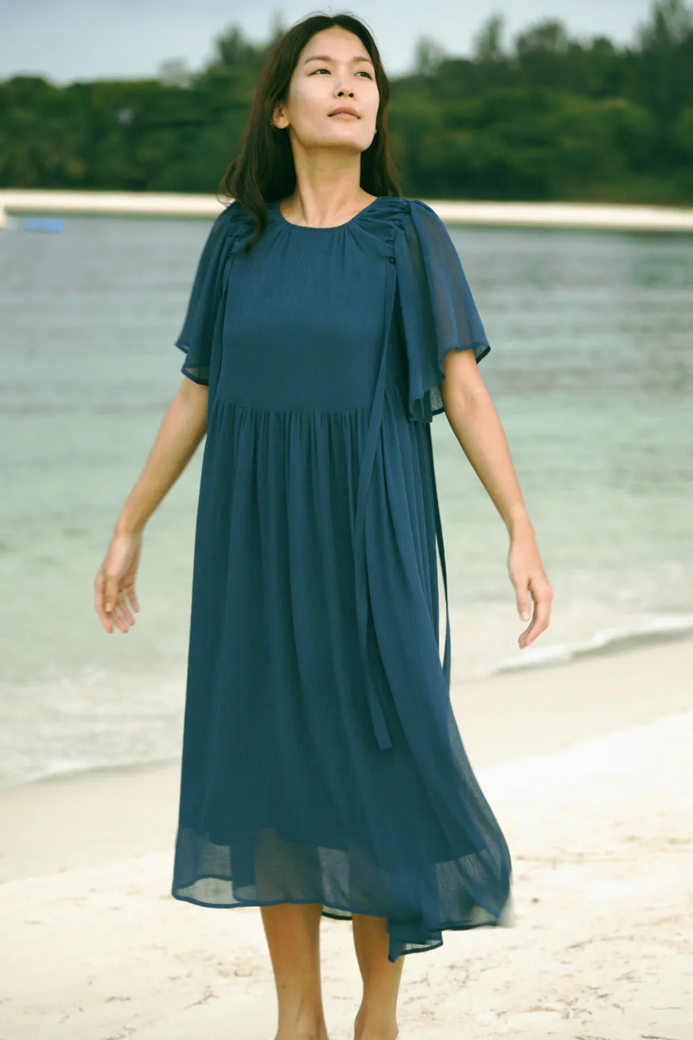 Drawstring Shoulders Breastplate Midi Dress (Teal)