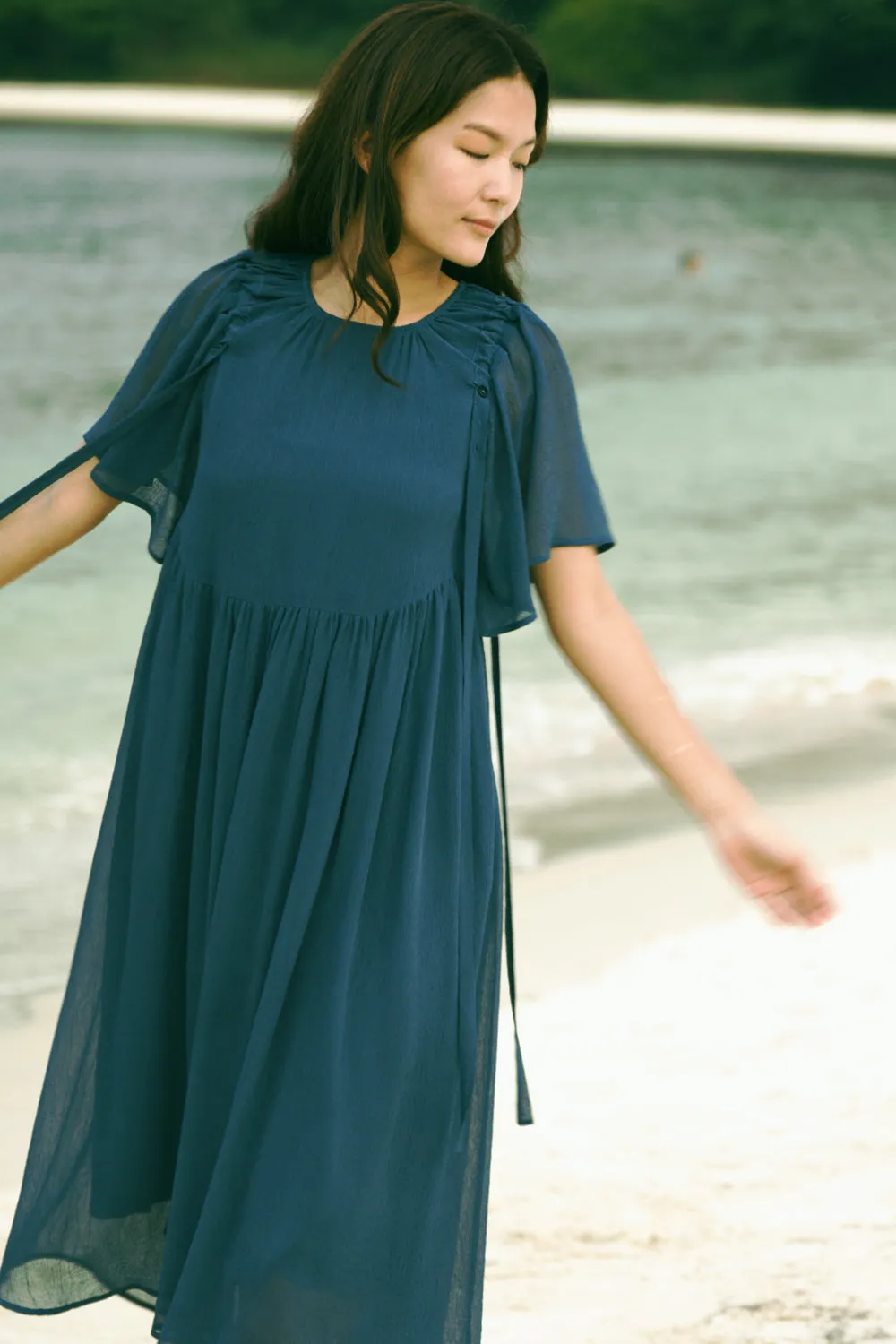 Drawstring Shoulders Breastplate Midi Dress (Teal)