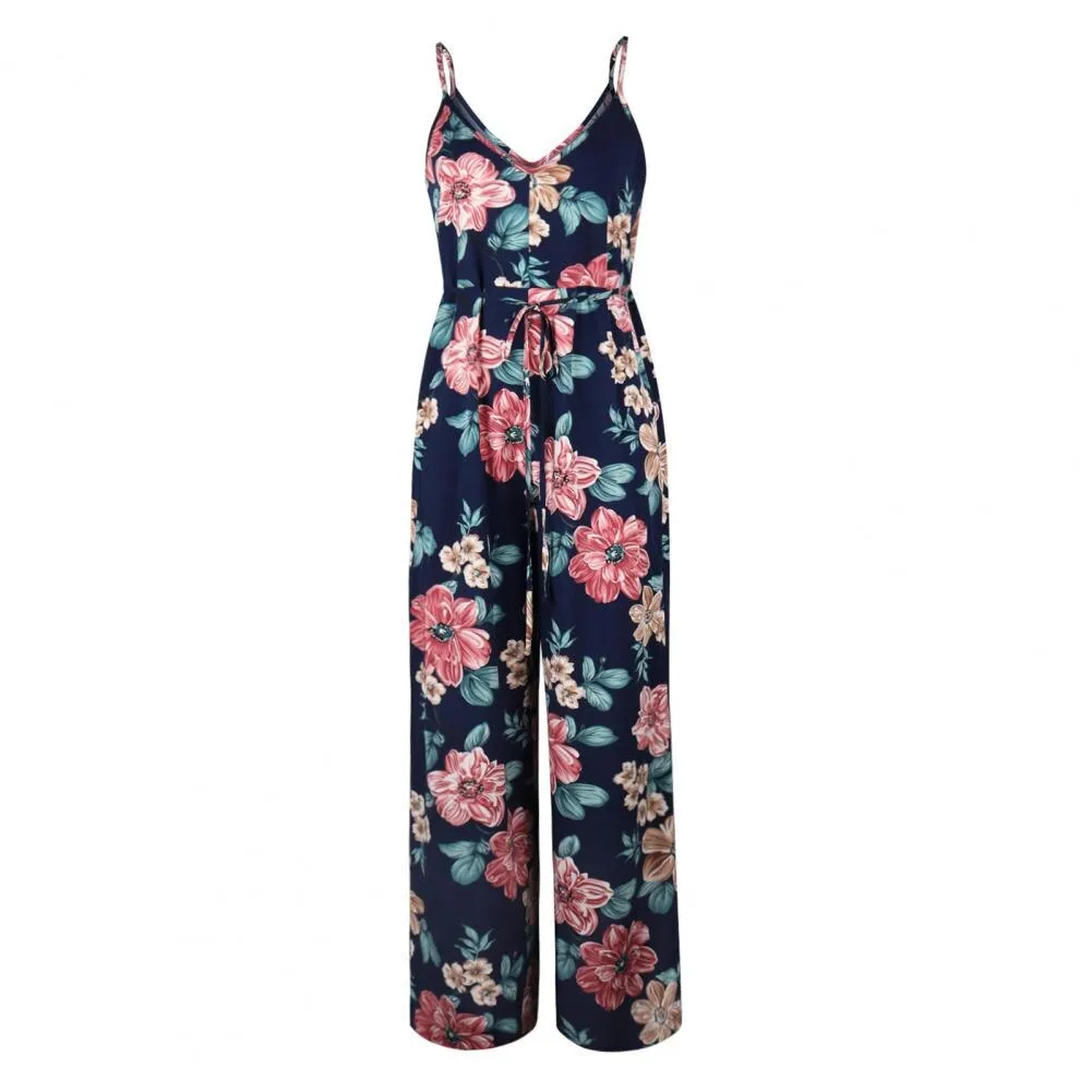 Elegant Spaghetti Strap Wide Leg Flower Print Wide Leg  Jumpsuit Female