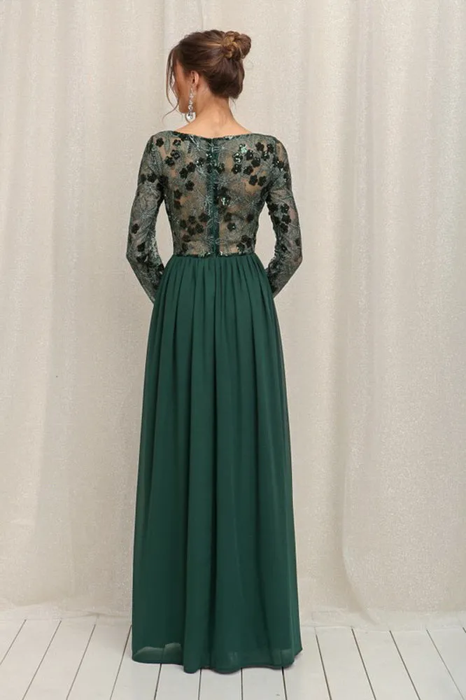 Emerald Green Long Sleeve Sequins Top Chiffon Maxi Dress