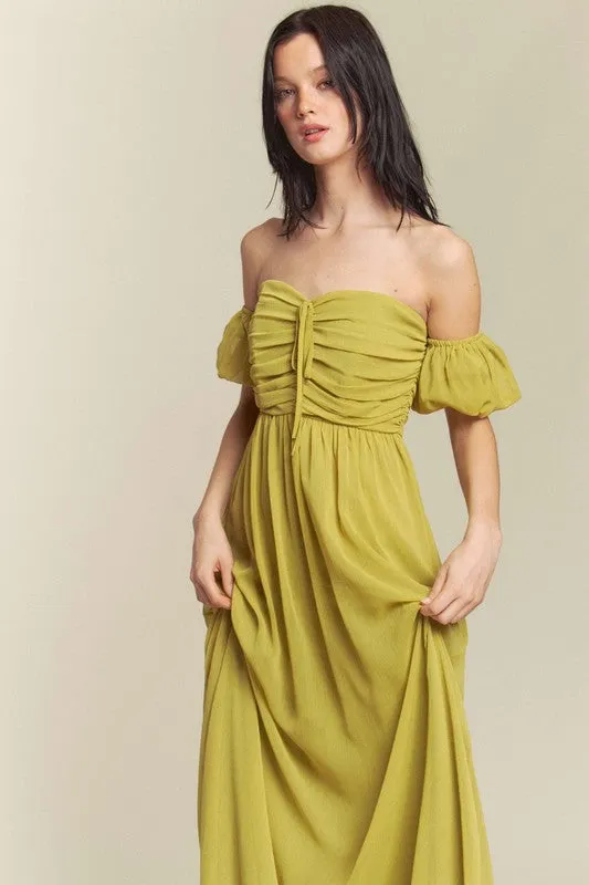 Kiwi Ruched Chest Off Shoulder Chiffon Maxi Dress
