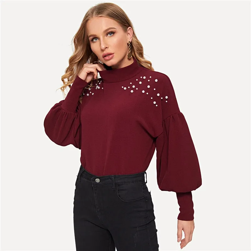 Neck Pearl Beads Embellished Drop Shoulder Office Winter Sweatshirt