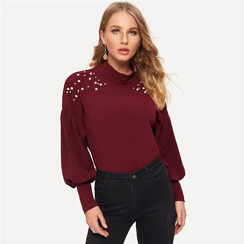 Neck Pearl Beads Embellished Drop Shoulder Office Winter Sweatshirt
