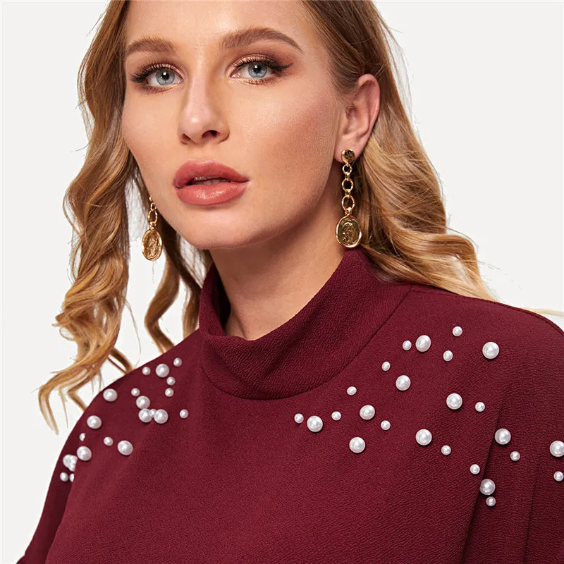 Neck Pearl Beads Embellished Drop Shoulder Office Winter Sweatshirt