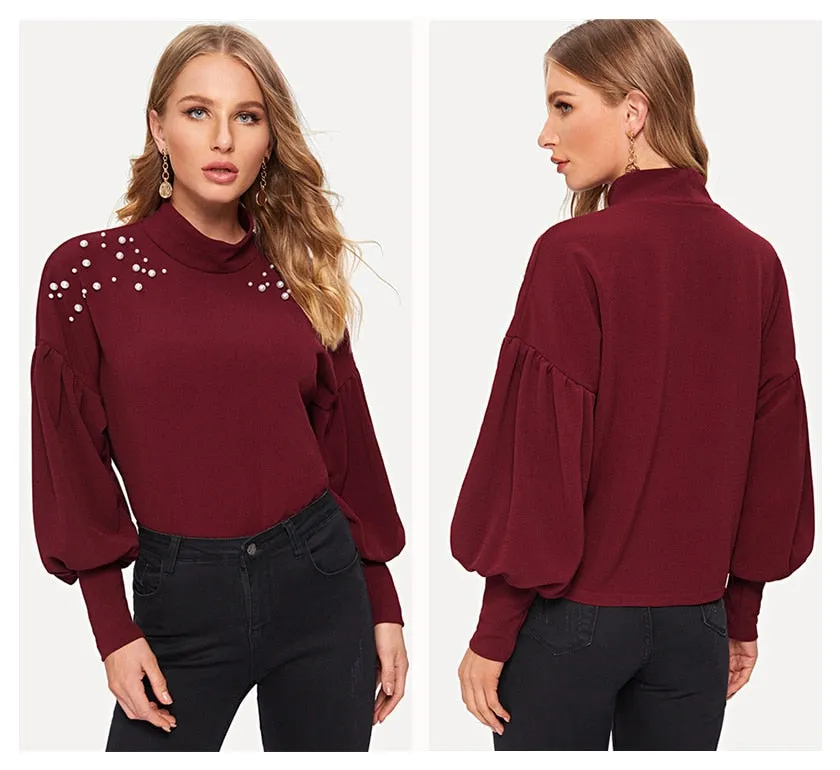 Neck Pearl Beads Embellished Drop Shoulder Office Winter Sweatshirt