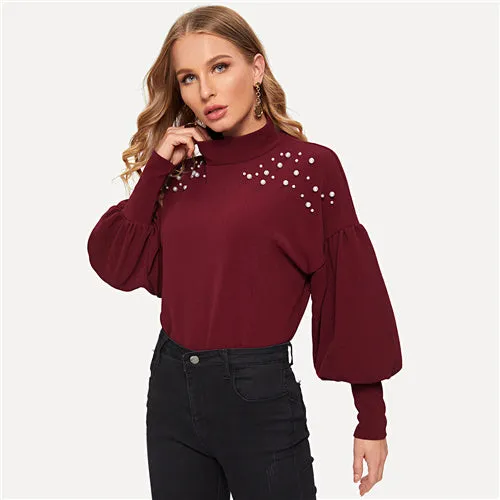 Neck Pearl Beads Embellished Drop Shoulder Office Winter Sweatshirt