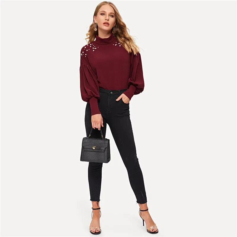 Neck Pearl Beads Embellished Drop Shoulder Office Winter Sweatshirt