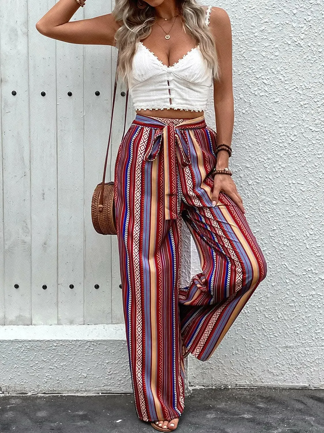 Tied geometric wide-leg pants