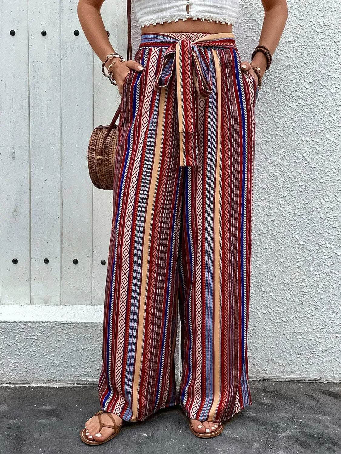 Tied geometric wide-leg pants