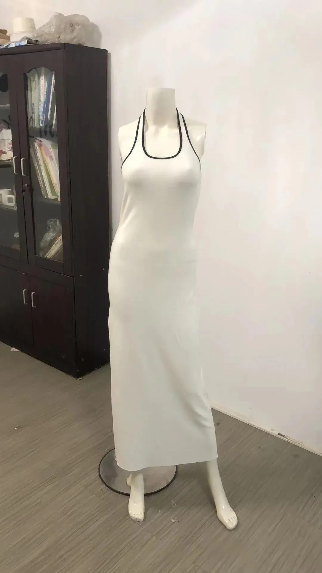 White Knit Sexy Halter Backless Slit Maxi Dress