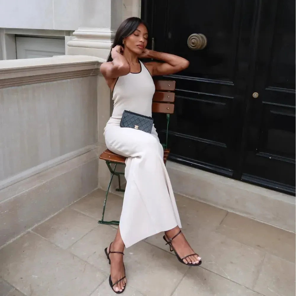 White Knit Sexy Halter Backless Slit Maxi Dress