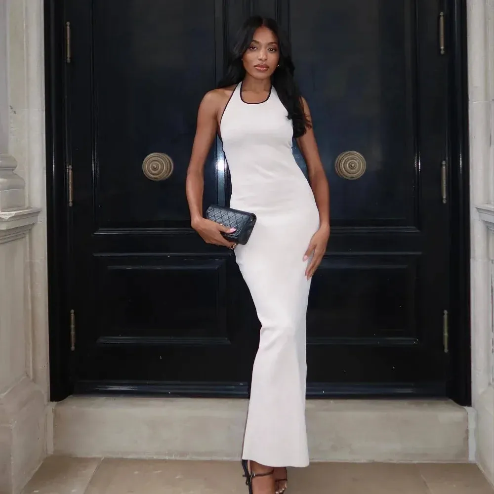 White Knit Sexy Halter Backless Slit Maxi Dress