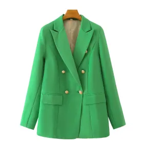 Wjczt Women Fashion Double Breasted Candy Color Blazer Coat Vintage Long Sleeve Flap Pockets Female Outerwear Chic Veste